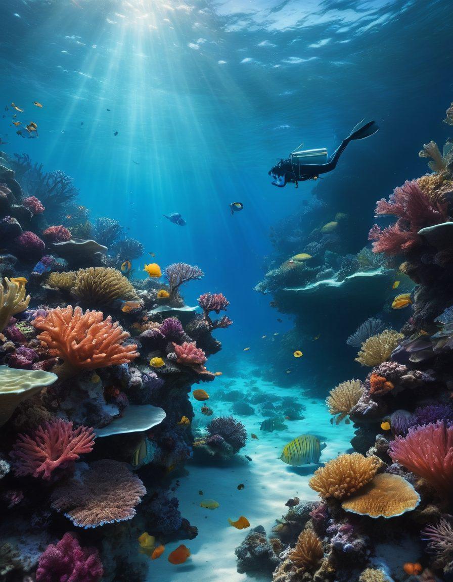 A serene underwater scene depicting a vibrant coral reef, with ethereal light filtering through the water's surface. Among the corals, gentle sea creatures symbolize hope and support, such as a school of colorful fish swimming together. Above the reef, a diver in soft focus represents the journey of exploration, capturing the essence of resilience against sadness. The atmosphere is calming, encouraging reflection and healing. super-realistic. vibrant colors. tranquil blue tones.