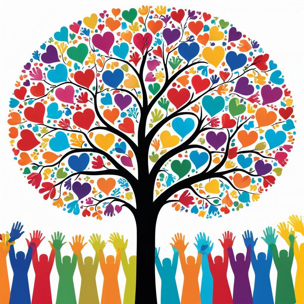 An abstract representation of diverse community members engaging in collaborative activities, surrounded by colorful symbols of emotional well-being like hearts, hands, and support networks. The scene should depict a vibrant and hopeful atmosphere, with elements of connection and innovation such as light bulbs and tree branches intertwining. Include images of people of various ages and backgrounds sharing ideas, all set against a bright, uplifting backdrop. super-realistic. vibrant colors. abstract elements.