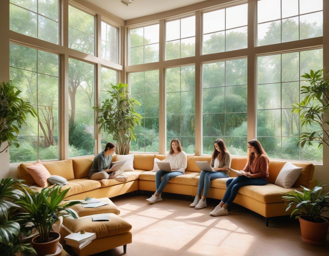 A serene study environment featuring a diverse group of students engaging in a supportive discussion, surrounded by nature and soft sunlight streaming through large windows. Include elements like books, laptops, and comforting cushions to symbolize academic support, while subtle hints of mental health awareness are woven into the scene with gentle reminders like inspirational quotes on the walls. The atmosphere should convey warmth, hope, and connection. watercolor painting. soft pastel colors.